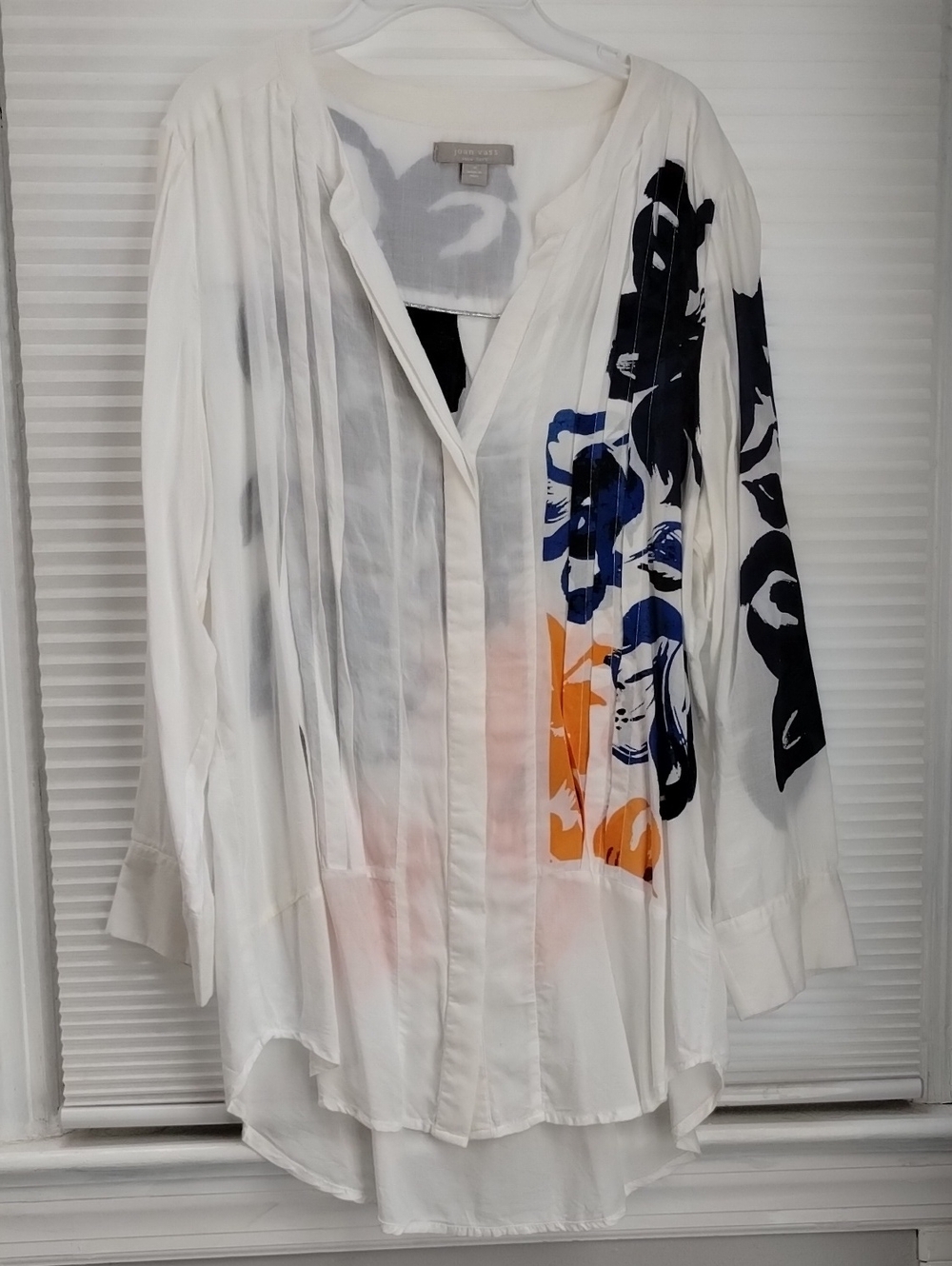 Joan Vass Women's Blouse Tunic White w/Black Blue Orange Floral Print Size M